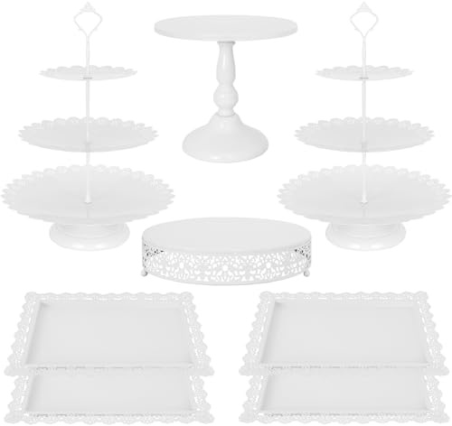Fivenl 8 Pcs Cake Stand White Metal Dessert Table Display Set, 3-Tier Cupcake Stand, Cake Display Tower and Cookie Tray Rack Serving Tray for Birthday Party, Weddings, Baby Shower (White)
