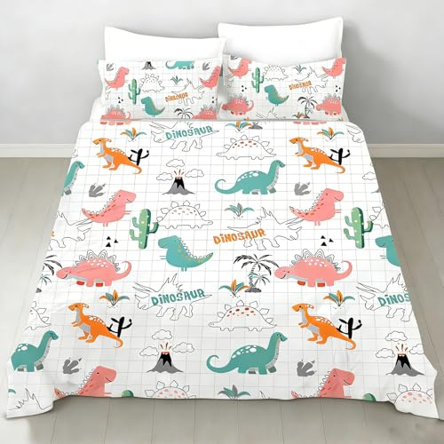 BDKCYO Kinder Cartoon Dinosaurier Bettwäsche,Niedlich Cartoon Bettbezug Bunte Dinosaurier Motiv Druck für Jungen Mädchen mit kopfkissenbezug (135x200cm, A)