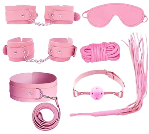 7 Pcs BDSM Restraint Kit for Couples – Adjustable Bondage Accessories Set | Wrist and Ankle Cuffs, Ball Gag, Blindfold, Rope, Flogger and Collar with Leash for Couples Roleplay Bedroom