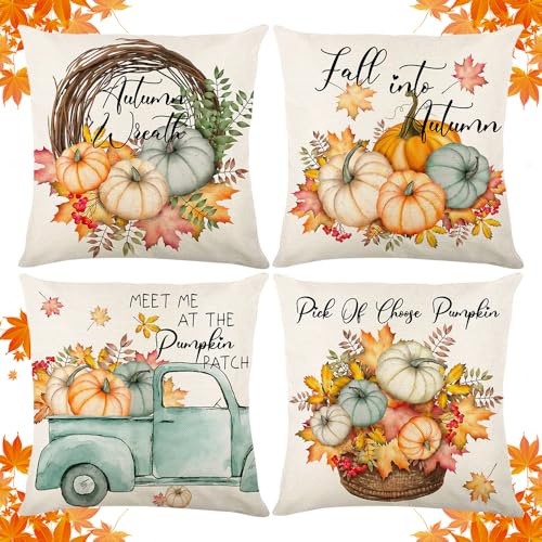 HuaMuDM Otoñal Cojines Decorativos, 4 Piezas Fundas de Cojín Acción45 X 45 cm, Fundas de Cojín Calabaza, Graciasfundas de Cojín, Funda de Almohada Otoño, para Oficina, Dormitorio, sofá,decoración