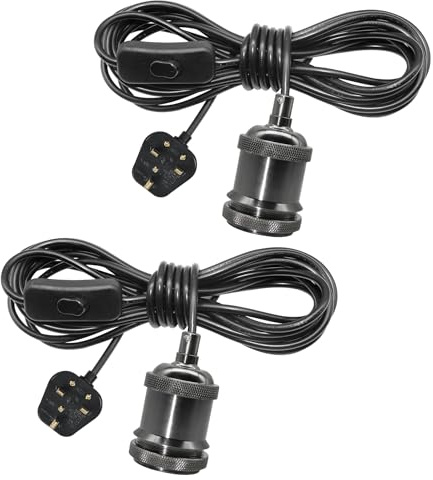 ZRLXFM 2-Pack E27 Metal Lamp Holders with Power Cord, Black Plug in Pendant Light with 500 cm Cable and Switch, Detachable Threaded Ring Creative Lighting Fitting for DIY Lampshade