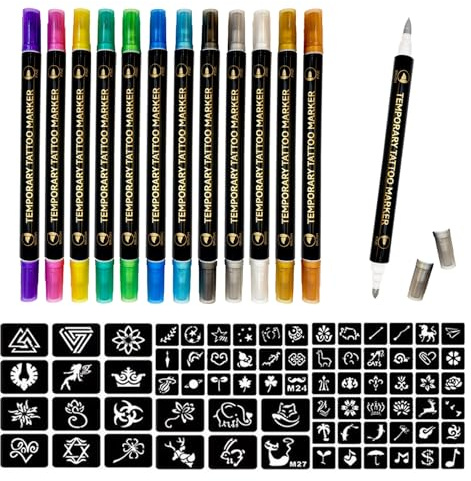 Marqueur de tatouage temporaire pour la peau, 12 Stylo Tatouage Temporaire + 72 pochoir tatouage temporaire, Set de tatouage de paillettes de tatouage