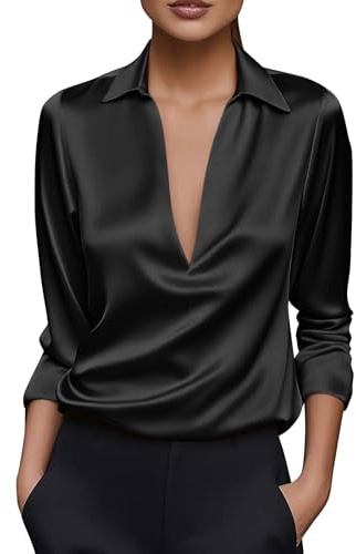 Camicia da Donna in Raso di Seta Camicetta Elegante Bluse Scollo a V Camicia a Maniche Lunghe Button Down a Tinta Unita Classico Maglietta da Capodanno Tinta Unita Carnevale Shirt Sera Basic Top