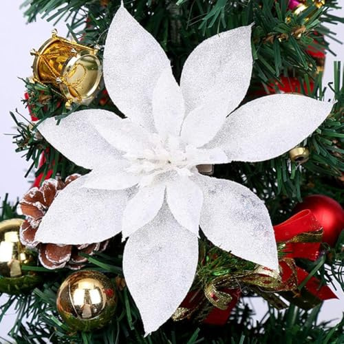 GL-Turelfies 12 Pezzi Fiori di Natale Glitterati (16cm/6,3'') con 12 Pezzi Clip Fiori di Stella di Natale Artificiali Decorazioni per Fiori dell'Albero di Natale Ornamenti per Albero di Natale (Bianco