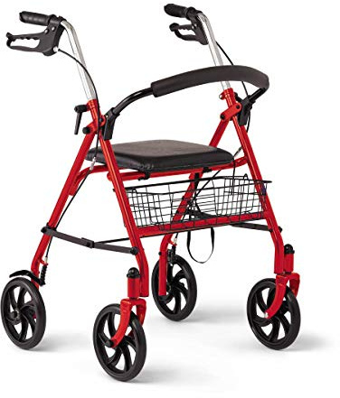 Medline Steel Rollator Walker with 8 Inch Wheels, Folding Rolling Walker, Adjustable Arms, Supports 300 lbs, Red