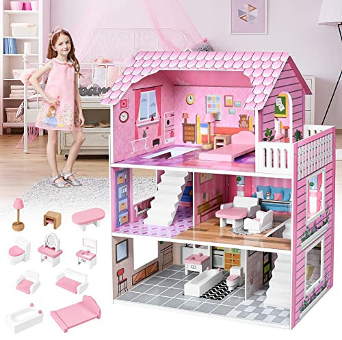 LARS360 Rosa Puppenhaus Holz Große Puppenvilla Mädchen Spielset mit Möbeln und Zubehör Dollhouse 3 Etagen Barbyhaus Leicht zu Montieren, Sicher und Umweltfreundlich (60x24x70cm)