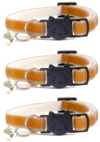 Velvet Cat Collars with Bell. Safe Breakaway Quick Release Buckle. Available in Cat & Kitten Size (Pack of 3) (Kitten Collar (15cm - 23cm), Coffee Velvet (Pack of 3))