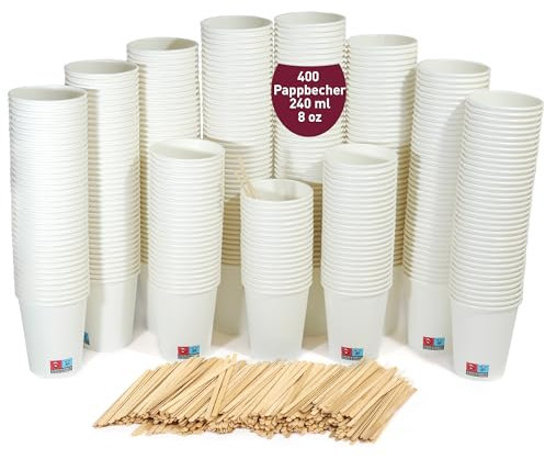 400 Gobelets à café jetables blancs de 240 ml / 8 oz avec agitateurs en bois, résistants, étanches et sans odeurs. Gobelets en carton jetables.