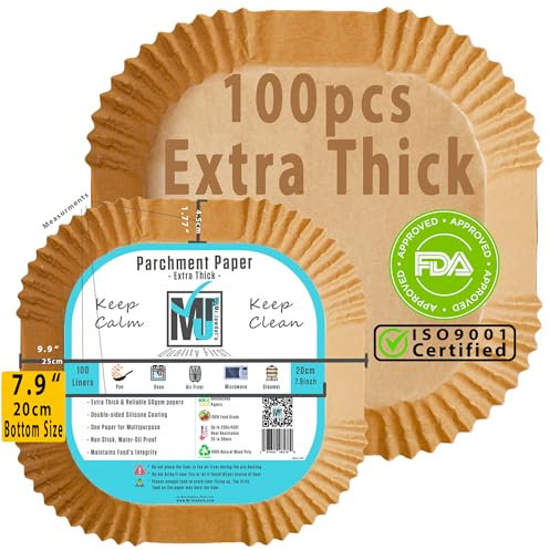 ((Extra Thick)) Air Fryer Disposable Paper Liner 100Pcs, Mr.Jawdat's Thick Air Fryer Liners, Parchment Paper Baking Roasting, AirFryer paper Water-Grease-proof ((Bottom size 20cm/7.9inch, Square))