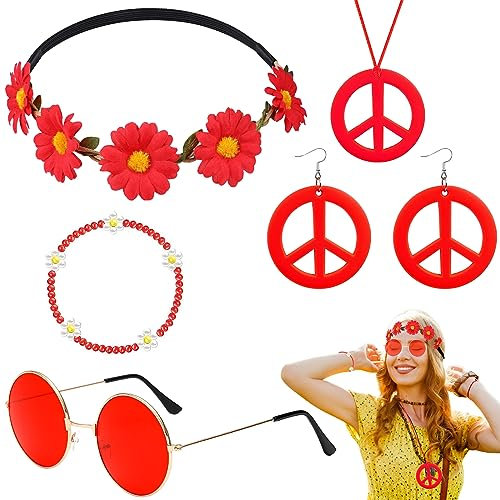 5 Stück Hippie Kostüm Accessoires, Vintage Zubehör per Costume Hippie mit Brille Friedenszeichen Halskette Ohrringe Stirnband Armbänder für Damen Herren 60er 70er 80er Jahre Party Karneval