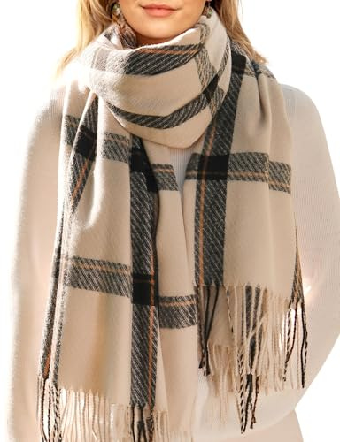 FURTALK Scarf for Women Winter Pashmina Shawls and Wraps Soft Warm Oversized Tartan Ladies Scarf Cashmere Feel Blanket, Beige