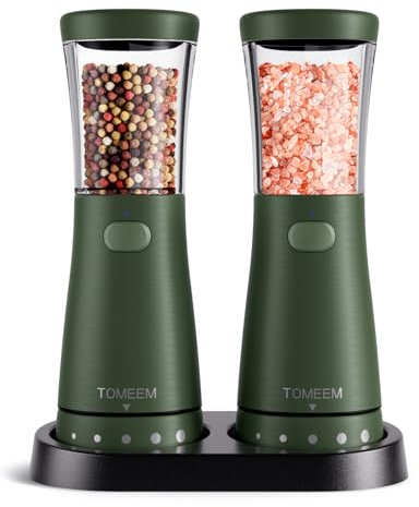 Salz und Pfeffermühlen elektrisch 2er Set aus Edelstahl (Wiederaufladbar, LED Beleuchtung, mit einstellbarem Keramikmahlwerk, Reinigungsbürste Bürste) Gewürzmühle elektrisch, Dark Green