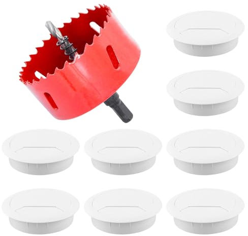 Lot de 8 passe-câbles de bureau avec scie cloche - 60 mm - Blanc - Passe-câbles rond - Boîte de sortie de câbles pour bureau, plan de travail