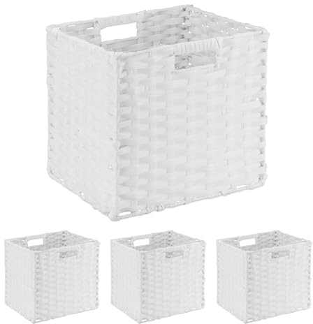 Relaxdays Cesti Intrecciati Portaoggetti in Plastica, Set 4 Scatole da Scaffale, HLP 31x32x30 cm, Organizer Cubo, Bianco
