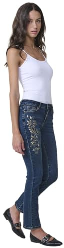 Koroshi Jeans Slim Azul Muy Oscuro elásticos, Tiro Medio, Cinco Bolsillos, Cierre metálico y Bordado con Brillos en Bolsillo y bajo., de Color Azul OSC/Dark Blue, Talla 38
