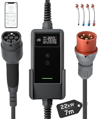 dé Wallbox 22 kW con aplicación [7 m| trifásica | 6-32 A] Columna de carga de coche eléctrico y juego completo, Wallbox portátil compatible con Model Y, ID.3 y otros EV/PHEV