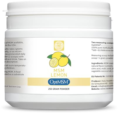 Kala Health OptiMSM® Powder Lemon Flavour – 100% Pure MSM Sulphur Powder – Natural Methylsulfonylmethane – with Lemon from Natural Flavourings – Additive-Free (250)