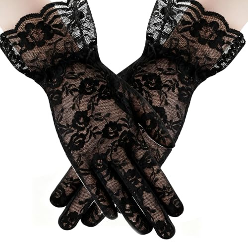 GAZIL Guantes cortos de encaje para mujer, largos hasta el codo con diseño floral, elásticos para boda, fiesta vintage, danza y disfraces de máscaras