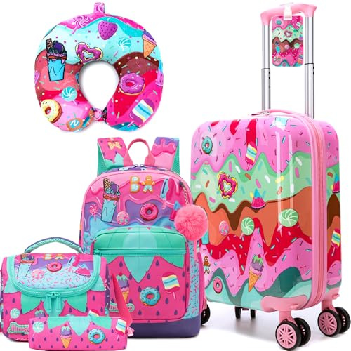 HTgroce Set med 5 resväskor för flickor med ryggsäck, nackeputs, bagageetikett, lunchlåda, pennfack, flickväska, 31 cm x 19.5 cm x 40.5 cm
