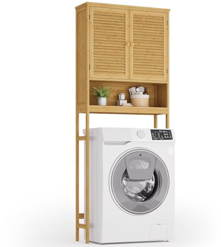 Xbro Waschmaschinenschrank Bambus für Waschmaschine und Wäschetrockner, Badezimmer Hochschrank Überbauschrank mit Türen, Toiletten Regal 66 x 23 x 169, Natur