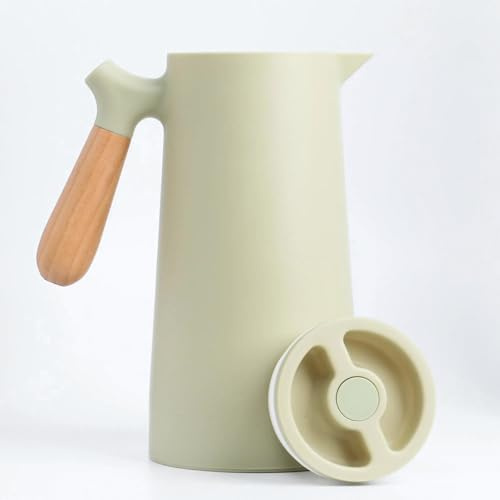 KVOTA Thermos 1 L Isolierkanne Thermoskanne mit Glaskolbe, Farbe Olive, Holzgriff, Deckel mit 1-Click Öffnung.