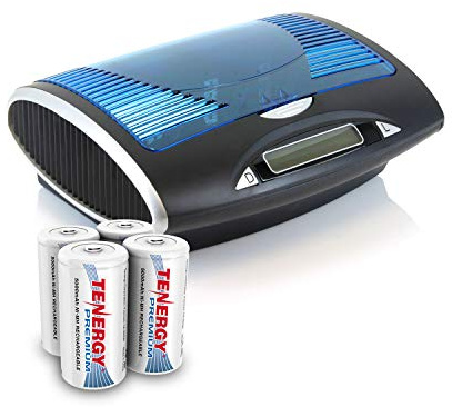 Tenergy Premium Rechargeable C Batteries and T9688 LCD Smart Battery Charger for NIMH/NICD AA/AAA/C/D/9V Batteries, 4 Pack C Size Battery Cells and Charger