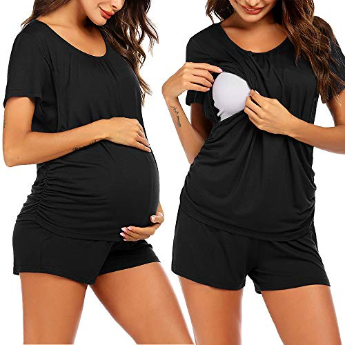 Ekouaer Nursing Pajamas Nightgown Breastfeeding Pjs Labor and Delivery Sleepwear Maternity Shirts Postpartum Tops Maternity Pajamas Set Black M