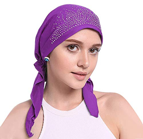 Woman's Chemo Hat Crystal Pleated Stretchy Turban Cap Beanie Bandana Skull Cap Ethnic Head Wrap Hat Headscarf for Cancer Patients,Alopecia Hair Loss Purple
