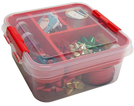 Simplify 5 Compartment Gift Supply Storage Box | 2 Tier Box | Red | Clear Top Lid | Dimensions: 9.5x 9.5x 4.5 | Snap Handle| Storage | Wrapping Accessories