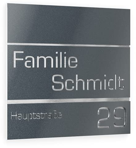 Graviers Design Numero civico personalizzabile in vetro acrilico + acciaio inox V2A 230 x 230 mm metallizzato, Resistente alle intemperie, Antiruggine, Targa per porta d’ingresso, Made in Germany
