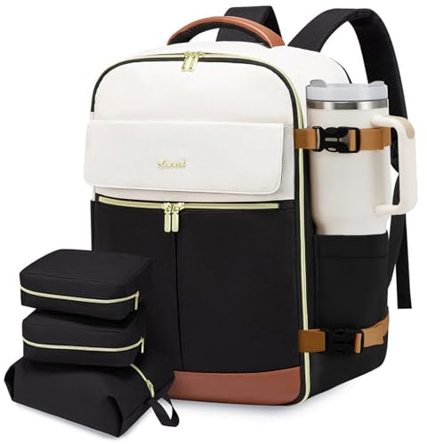 LOVEVOOK Travel Backpack for Women, TSA Carry On Backpack Flight Approved Luggage, 40L Water Resistant Personal Item Daypack Large Weekender Bag fit 17 inch Laptop with 3 Cubes, Beige-black-brown