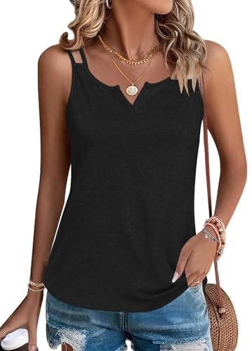 WNEEDU Mujer Camisas sin Mangas Correa de Espaguet Camiseta de Tirantes con Cuello en V Camiseta de Tirantes con Cuello en V Negro 2XL