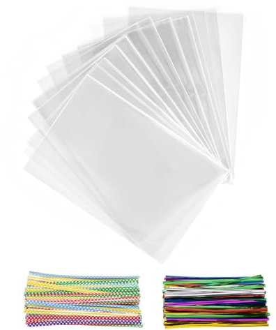 200 Pièces Sachet Bonbon, 25x15 cm Sachet Plastique Transparent Sacs Cellophane avec 200 Rubans Métalliques Pour Bonbons, Biscuits, Pain, Fruits, Etc. Parfaits Pour Les Fêtes De Cadeaux
