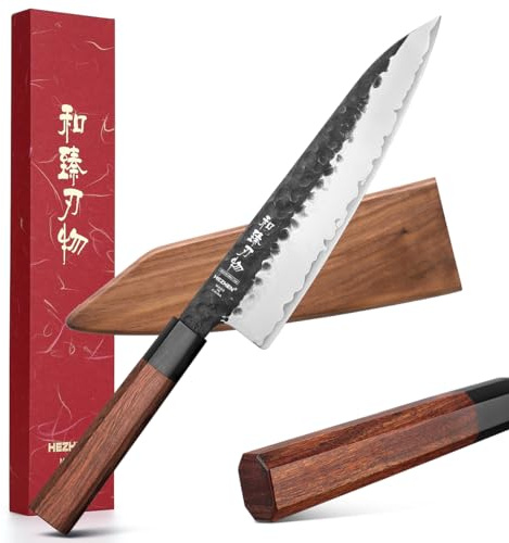 HEZHEN Cuchillo de Chef de Acero Compuesto, Hoja Afilada, Vaina de Madera,Cuchillo de Cocina de Acero de Alto Carbono Mango Octogonal de Madera Roja