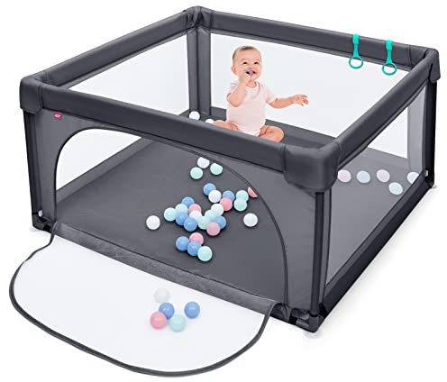 DREAMADE 120 x 120 cm Laufstall Baby, Laufgitter mit 50 Spielbällen & 2 Zugring, Schutzgitter mit Atmungsaktivem Netz & Reißverschluss, Absperrgitter Baby ab 10 Monate (Dunkelgrau)