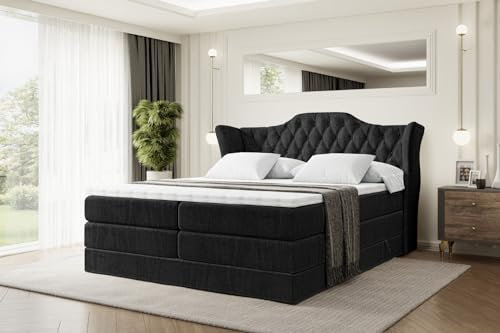 ALTDECOR Boxspringbett mit Matratze und Lattenrost, Topper, Polsterbett mit Bettkasten, Bett mit Stauraum H3- und H4- Matratze, Doppelbett, Springboxbett - Vila King - 180x200 - Schwarz Samt