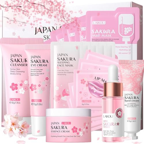Sakura Skin Care Sets & Kits, Girls Pamper Set, Face Care Sets For Women, 20PCS Teenage Girls Gifts - Cleanser, Serum, Eye Cream, Face Cream, Hand Cream, Sleeping Mask, Mud Mask - Japanese Skincare