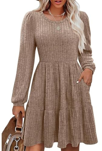 RPAEOY Vestido Invierno Mujer Manga Larga Cuello en Redondo Bodycon Elegante Casual Suéter Punto Sexy Vestidos de Otoño Invierno (Caqui/M)