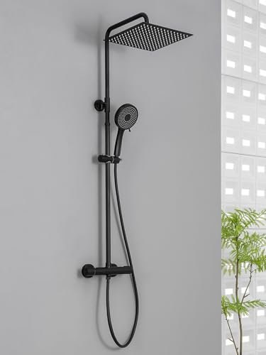 Auralum Duscharmatur Komplettset, Edelstahl Duschsystem mit Thermostat Armatur, 30x30 CM Regendusche, 5 Strahlarten Duschkopf und Höhenverstellbarer Duschstange (Schwarz)
