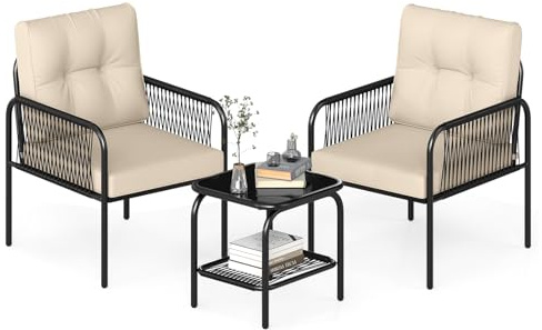 GIANTEX Juego de Muebles de Jardín 3 Piezas, 1 Mesa de Café con Tablero de Cristal Templado y 2 Sillas, Cojines Gruesos Extraíbles, Juego de Bistró para Balcón, Terraza