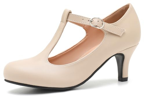 Eugisy Women's T-Strap Mary Jane Pumps Low Kitten Heels Closed Round Toe Retro Ankle Strap Buckle Vintage Wedding Evening Party Dress Office Work Church Shoes Nude Matte 43-10US