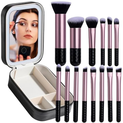 BS-MALL Makeup Brushes Set 14 Pcs with LED Light Mirror – Premium Cosmetic Tools for Flawless Beauty Routines (Black)