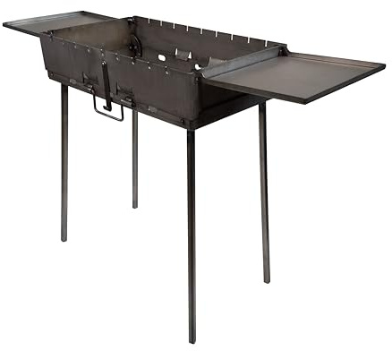 Barbecue portable Transformer avec 2 tables pliantes - Barbecue au charbon de bois pliable pour 9 brochettes - En acier de 3 mm - Pliable comme valise avec poignée - Idéal pour le jardin, le