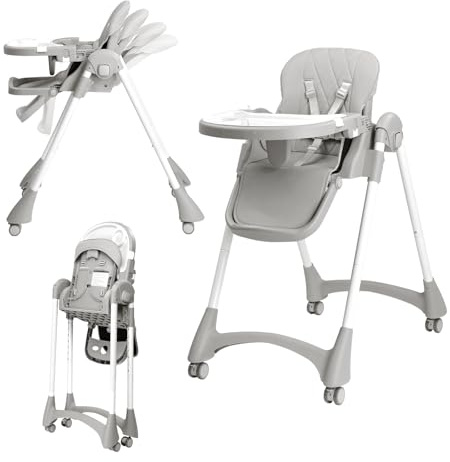 Bonnlo Baby Foldable High Chair, Adjustable Height with 7 Positions, 4-Level Reclining Seat & Detachable Double Tray, Highchair for Toddlers 6 Months to 3 Years (Grey)