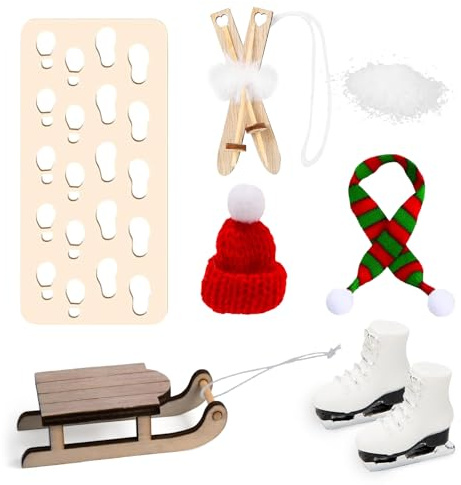 Rehecher Accesorio de Navidad para casa de muñecas, gorro de gnomo en miniatura, bufanda de géndulo, botas de esquí, trineo, madera, esquís, huellas de nieve, accesorios para decoración de puerta de