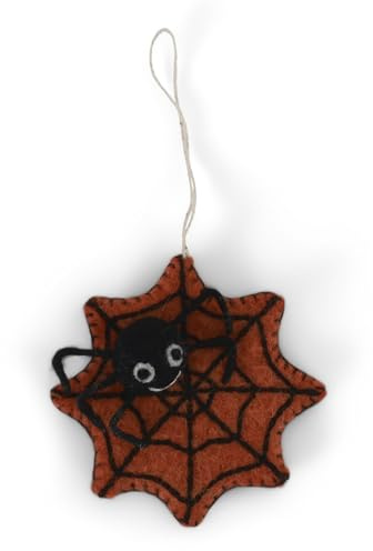 Gry & Sif Filzanhänger Spinnennetz mit Spinne – Handmade Halloween Deko aus Filz – Fairtrade – 8x8 cm – Herbstdeko zum Aufhängen – Spinne Dekoanhänger – Kinderfreundlich & nachhaltig (orange)