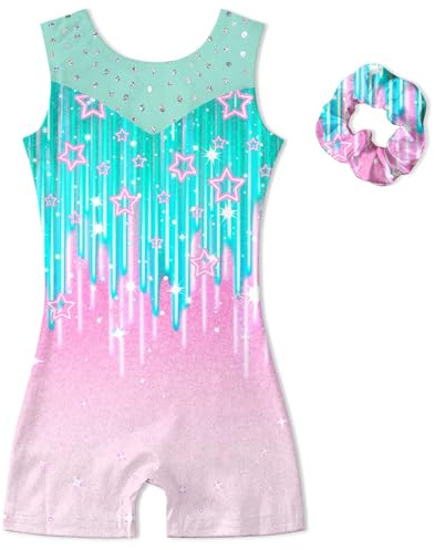 Belovecol Girls Gymnastics Leotards Sparkle Dance Biketards Unitards with Shorts Matching Hair Scrunchies Size 5-6,Sparkle Star Turquoise Pink