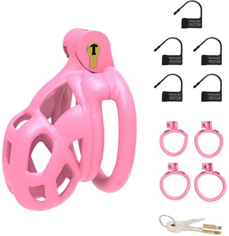 Qcpuuu Chastity Cage per Uomini, Cockcage con 4 Anelli del Pene e Lucchetto, Gabbia del Pene Piccola, Dispositivi di Castità e Tortura dei Testicoli, Bondage Estremo per Uomini, Rosa, XS