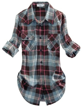 Match Womens Button Down Flannel Plaid Shirts roll up Long Sleeve Shackets Business Blouse Top (Large, Checks#13)