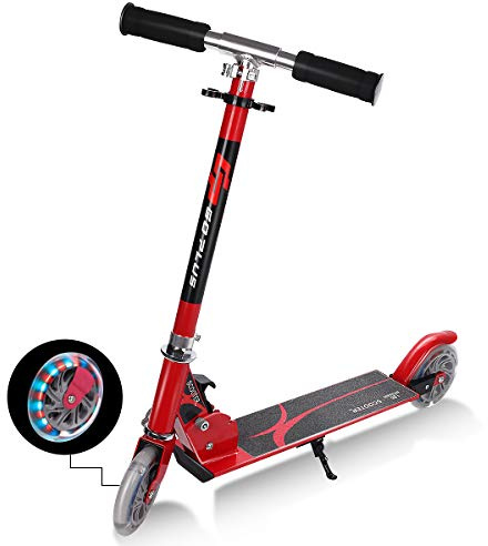 COSTWAY Kick Scooter Kids Stunt, Light Up LED 2 Wheeled Scooters for Ages 4 to 13 Children Girls Boys, Adjustable T-bar Foldable Push Board Maximum Load 70KG (Red)